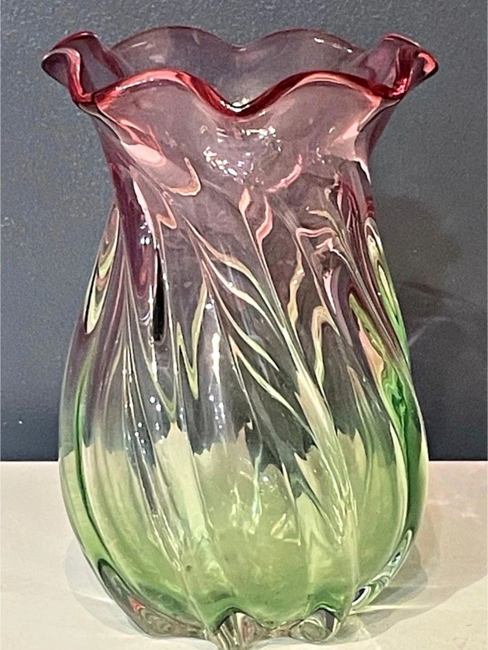Hand Blown Style Glass Vase Green & Pink